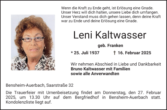Traueranzeige von Leni Kaltwasser von Bergsträßer Anzeiger