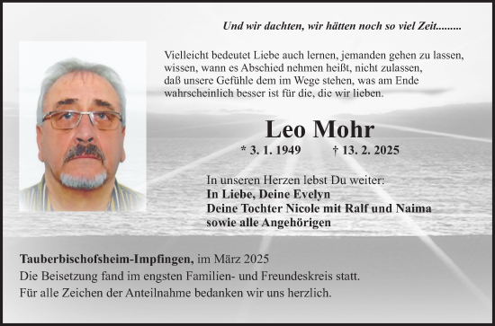 Traueranzeige von Leo Mohr von Fränkische Nachrichten