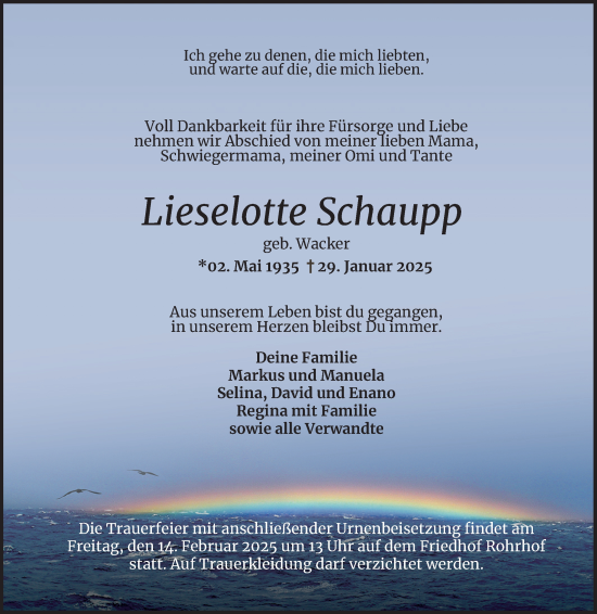 Traueranzeige von Lieselotte Schaupp von Schwetzinger Zeitung