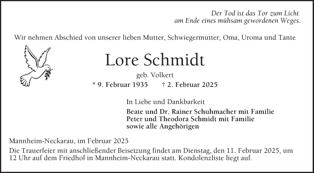  Traueranzeige für Lore Schmidt vom 08.02.2025 aus Mannheimer Morgen