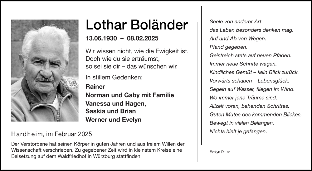  Traueranzeige für Lothar Boländer vom 13.02.2025 aus Fränkische Nachrichten