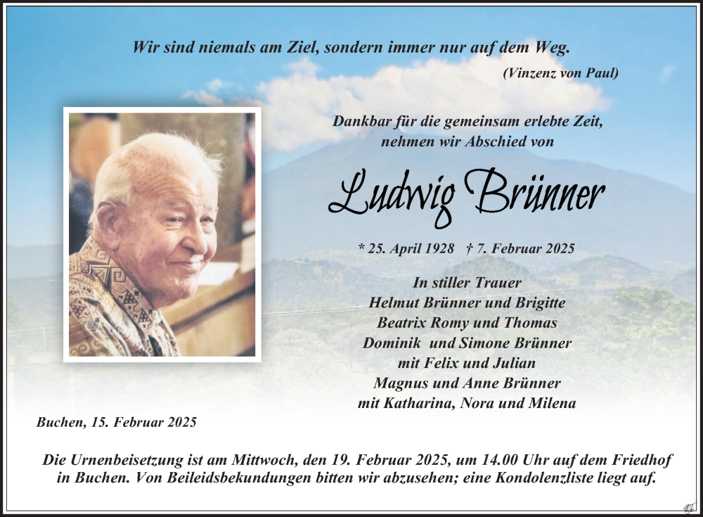  Traueranzeige für Ludwig Brünner vom 15.02.2025 aus Fränkische Nachrichten