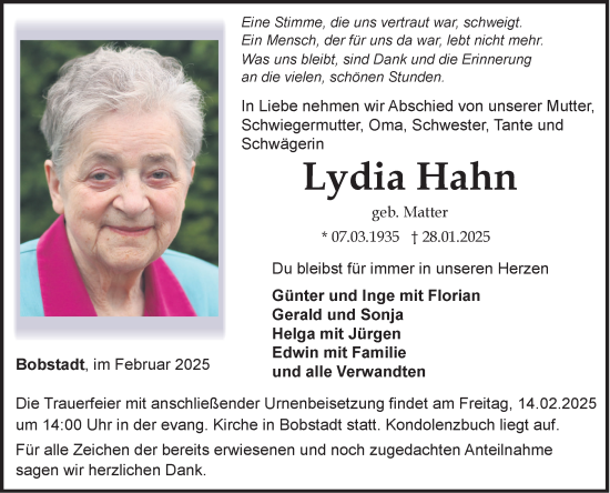 Traueranzeige von Lydia Hahn von Fränkische Nachrichten