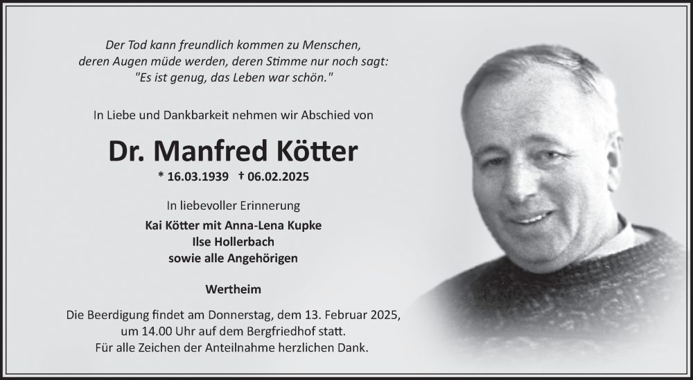  Traueranzeige für Manfred Kötter vom 11.02.2025 aus Fränkische Nachrichten
