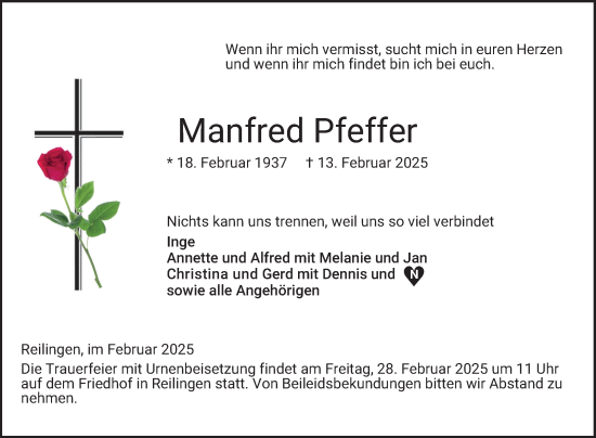 Traueranzeige von Manfred Pfeffer von Schwetzinger Zeitung
