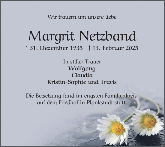 Traueranzeige von Margrit Netzband von Schwetzinger Zeitung