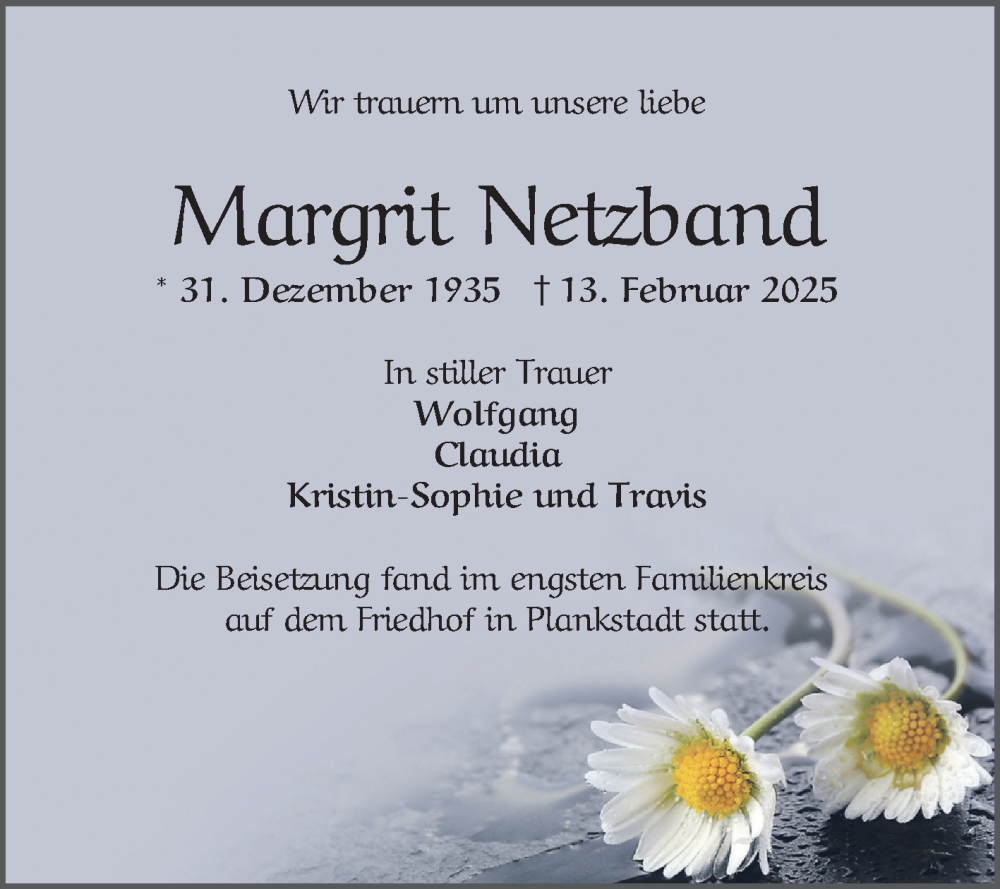  Traueranzeige für Margrit Netzband vom 01.03.2025 aus Schwetzinger Zeitung