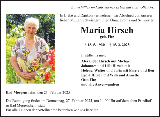 Traueranzeige von Maria Hirsch von Fränkische Nachrichten