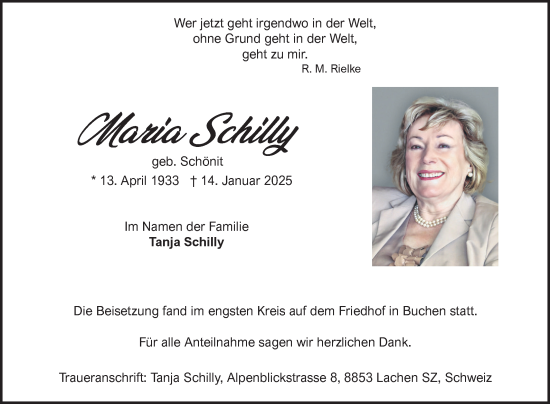 Traueranzeige von Maria Schilly von Fränkische Nachrichten
