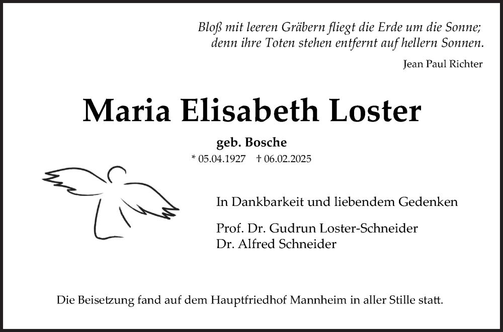  Traueranzeige für Maria Elisabeth Loster vom 01.03.2025 aus Mannheimer Morgen