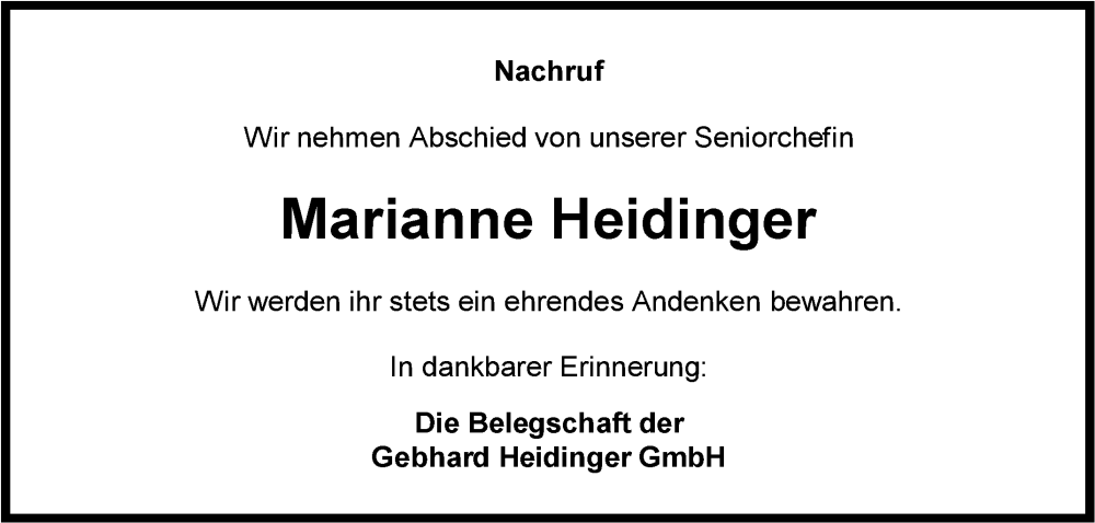  Traueranzeige für Marianne Heidinger vom 18.02.2025 aus Fränkische Nachrichten