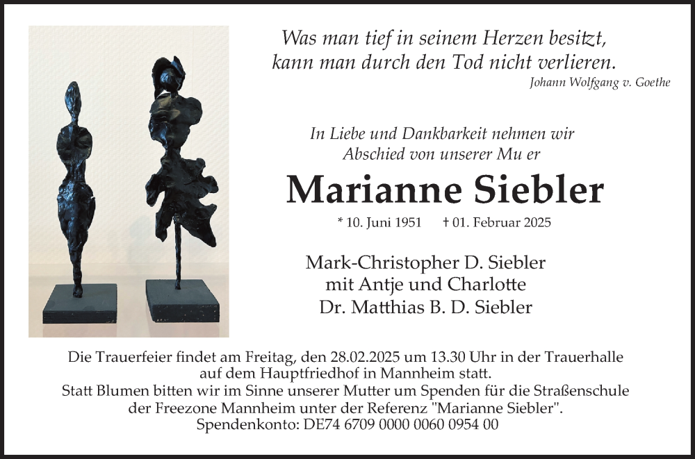  Traueranzeige für Marianne Siebler vom 15.02.2025 aus Mannheimer Morgen