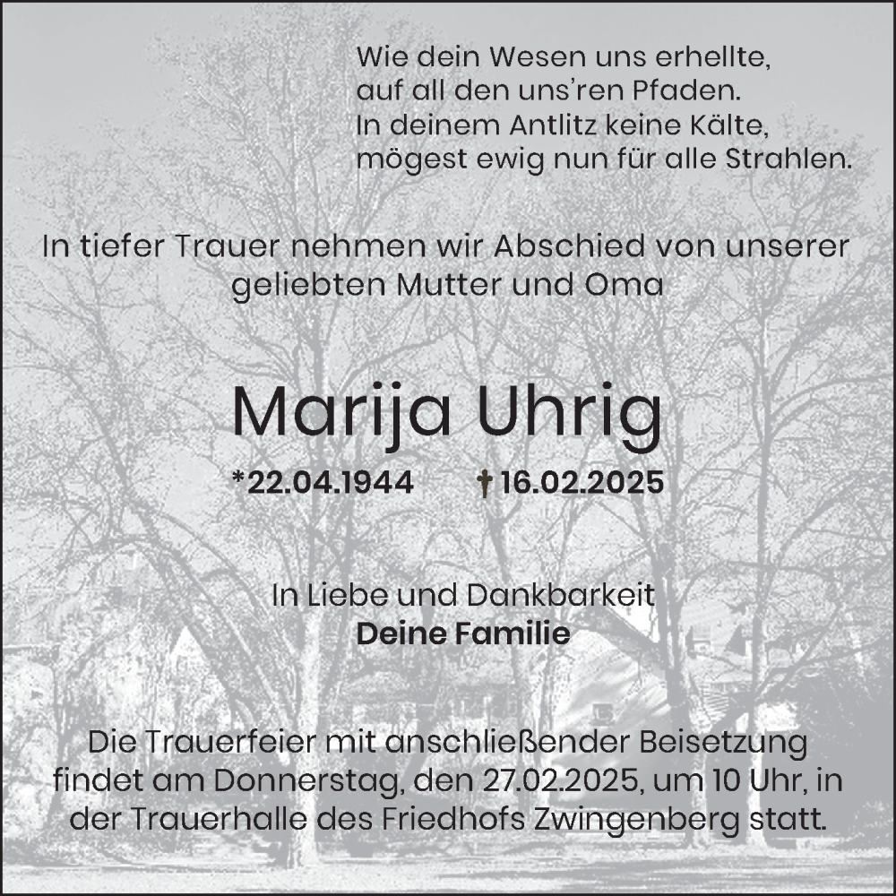  Traueranzeige für Marija Uhrig vom 22.02.2025 aus Bergsträßer Anzeiger