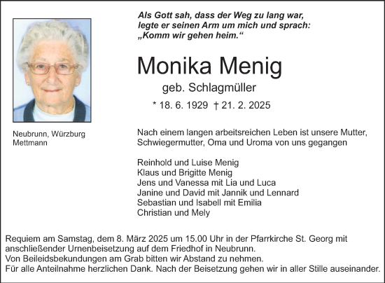 Traueranzeige von Monika Menig von Fränkische Nachrichten