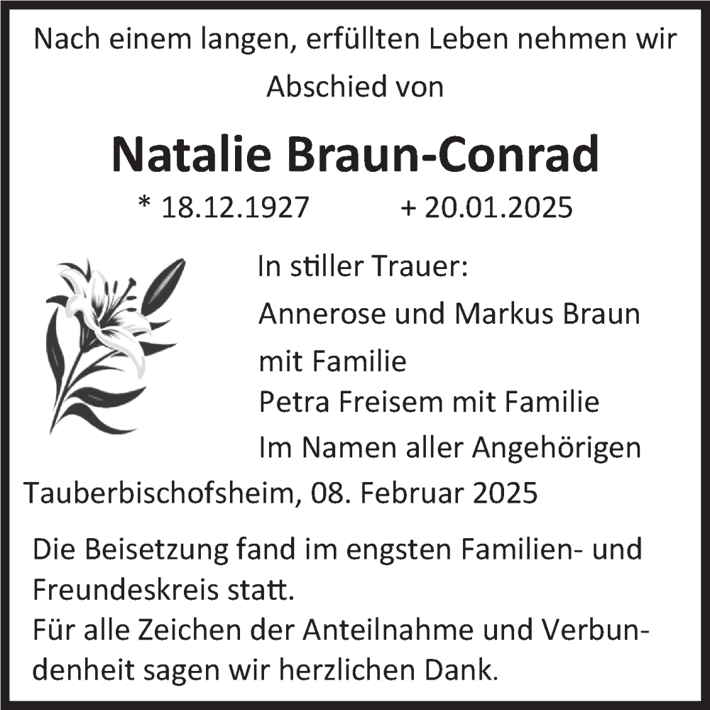  Traueranzeige für Natalie Braun-Conrad vom 08.02.2025 aus Fränkische Nachrichten