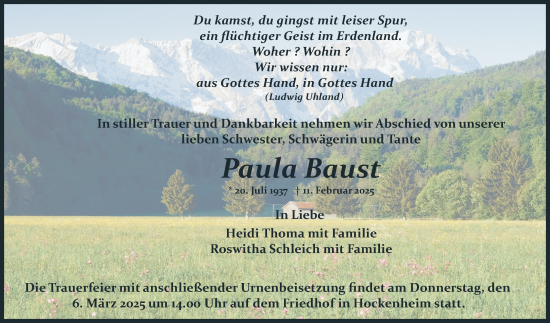 Traueranzeige von Paula Baust von Schwetzinger Zeitung