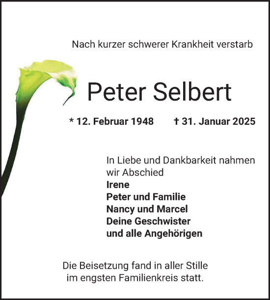 Traueranzeige von Peter Selbert von Bergsträßer Anzeiger