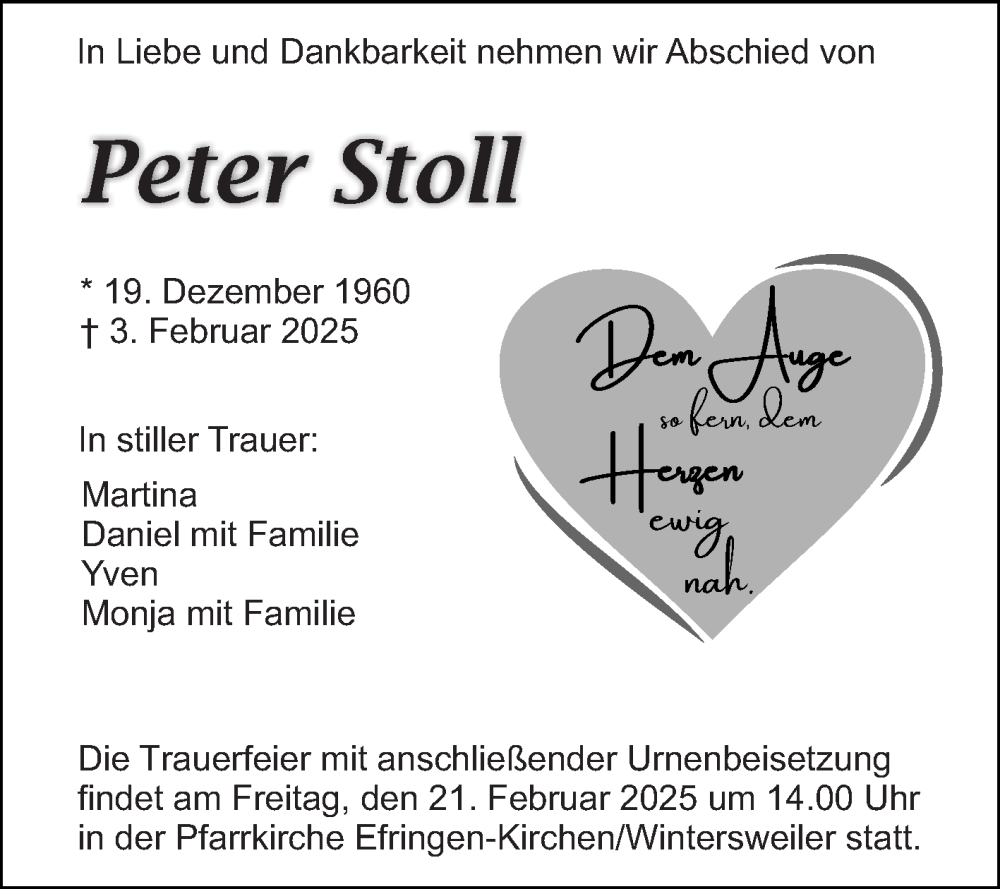  Traueranzeige für Peter Stoll vom 15.02.2025 aus Schwetzinger Zeitung