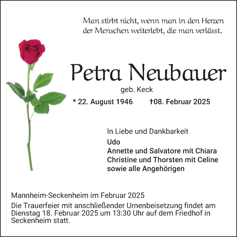  Traueranzeige für Petra Neubauer vom 12.02.2025 aus Mannheimer Morgen