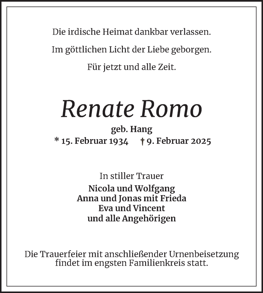  Traueranzeige für Renate Romo vom 15.02.2025 aus Schwetzinger Zeitung