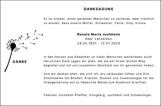 Traueranzeige von Renate Maria Juchheim von Schwetzinger Zeitung