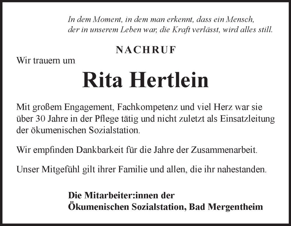  Traueranzeige für Rita Hertlein vom 06.02.2025 aus Fränkische Nachrichten