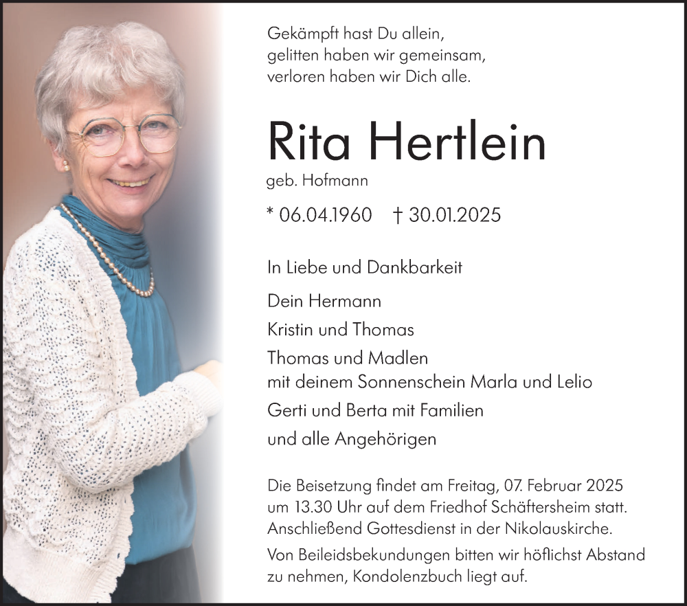  Traueranzeige für Rita Hertlein vom 04.02.2025 aus Fränkische Nachrichten