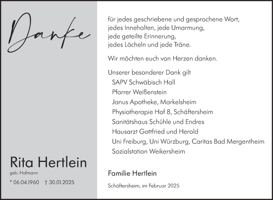 Traueranzeige von Rita Hertlein von Fränkische Nachrichten