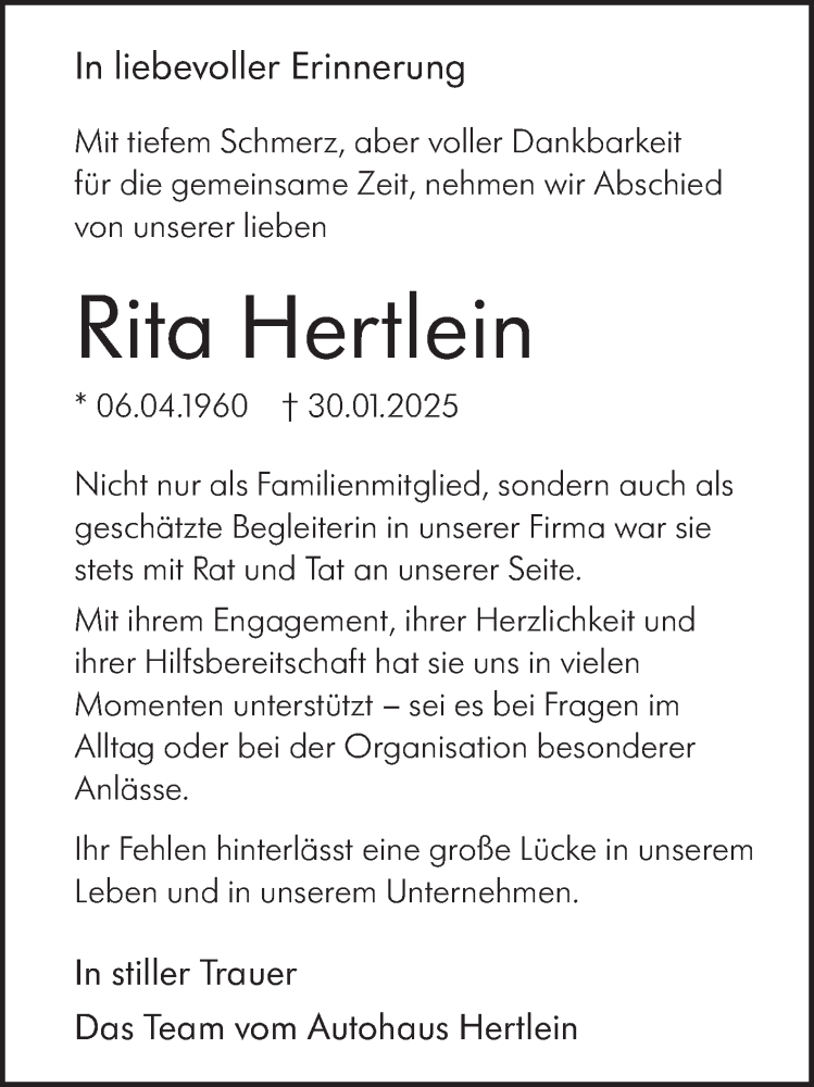  Traueranzeige für Rita Hertlein vom 04.02.2025 aus Fränkische Nachrichten