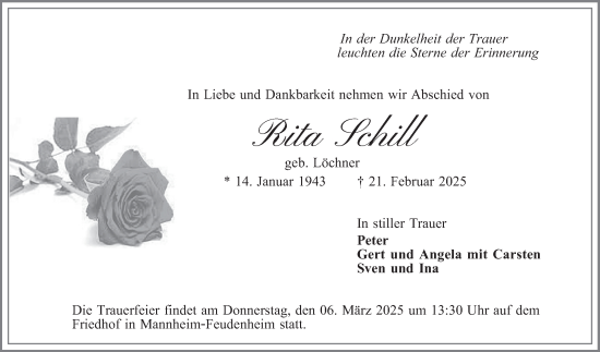 Traueranzeige von Rita Schill von Mannheimer Morgen