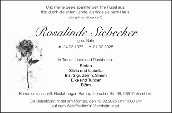 Traueranzeige von Rosalinde Siebecker von Mannheimer Morgen