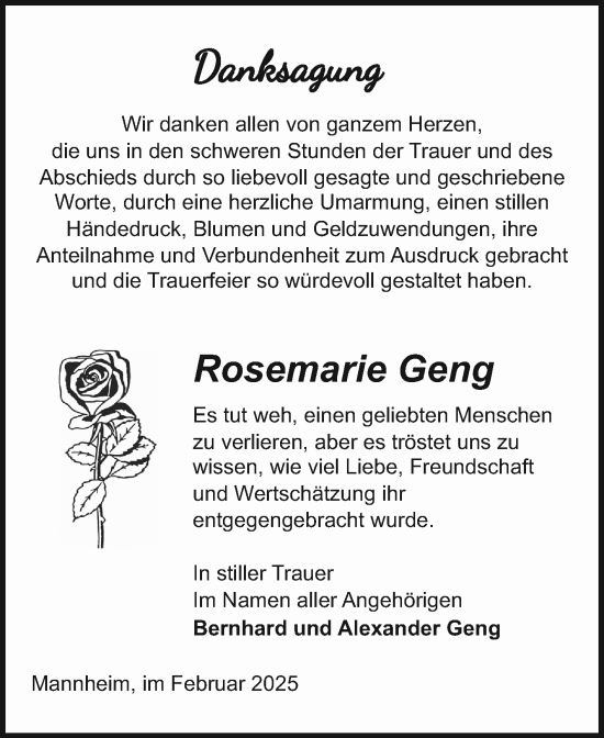 Traueranzeige von Rosemarie Geng von Schwetzinger Zeitung