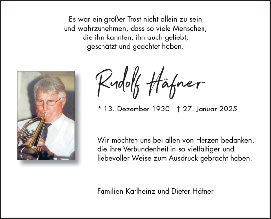 Traueranzeige von Rudolf Gottlob Häfner von Fränkische Nachrichten