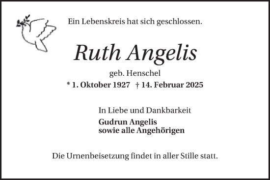 Traueranzeige von Ruth Angelis von Mannheimer Morgen