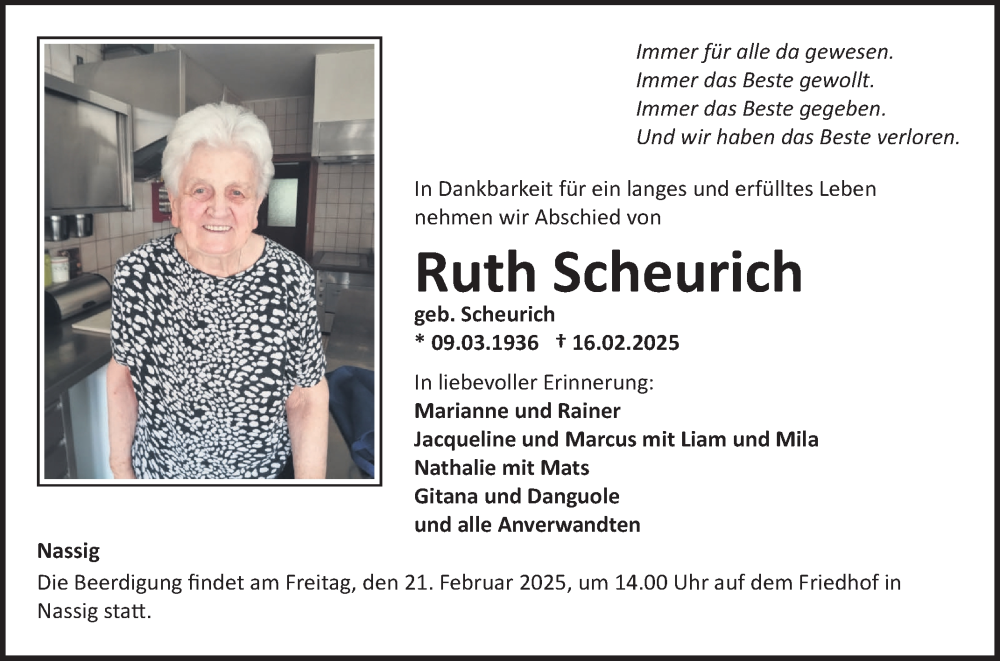  Traueranzeige für Ruth Scheurich vom 19.02.2025 aus Fränkische Nachrichten