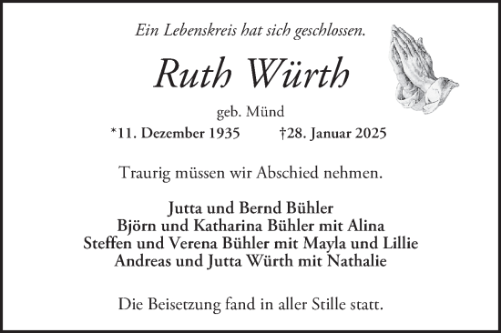 Traueranzeige von Ruth Würth von Mannheimer Morgen
