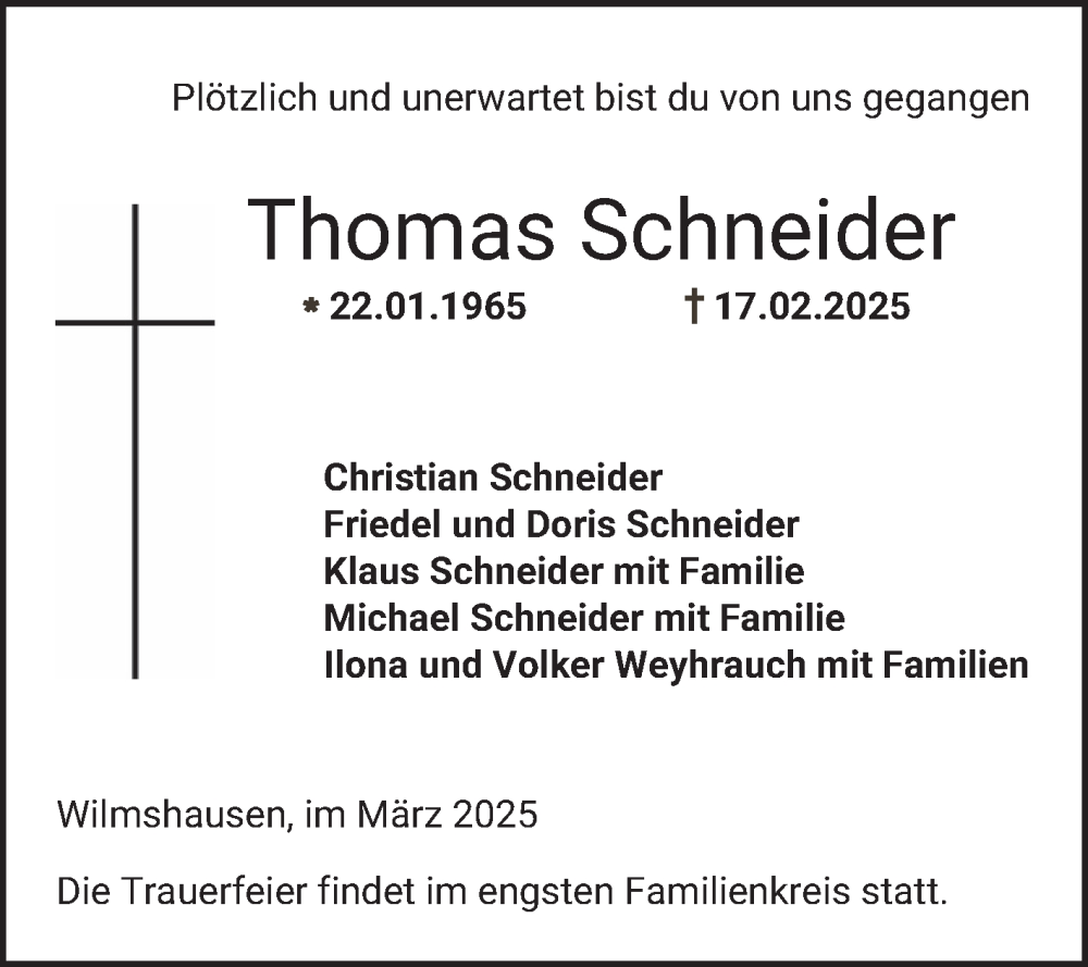 Traueranzeige für Thomas Schneider vom 01.03.2025 aus Bergsträßer Anzeiger