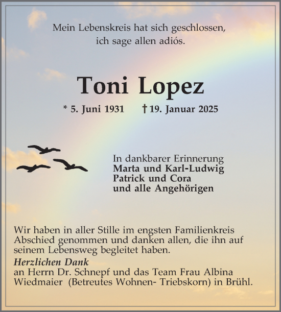 Traueranzeige von Toni Lopez von Schwetzinger Zeitung