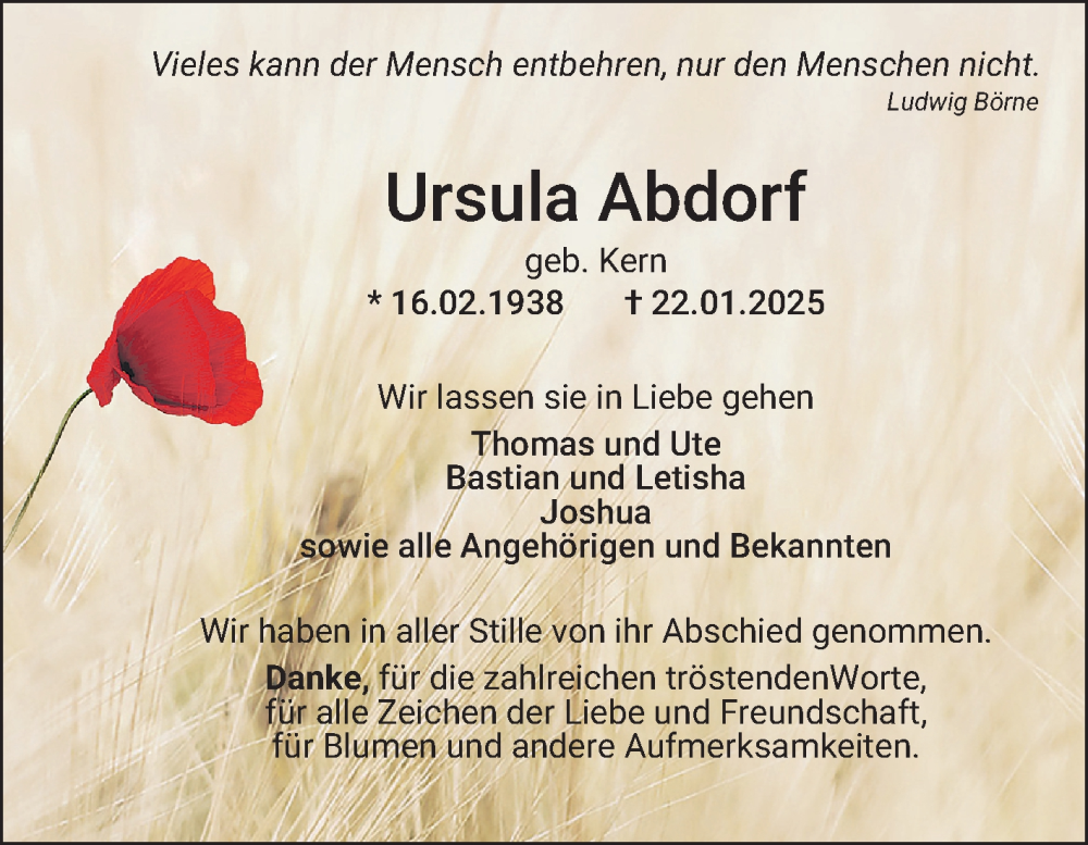  Traueranzeige für Ursula Abdorf vom 22.02.2025 aus Mannheimer Morgen