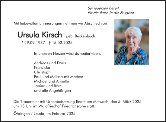 Traueranzeige von Ursula Kirsch von Fränkische Nachrichten