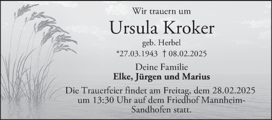 Traueranzeige von Ursula Kroker von Mannheimer Morgen