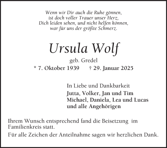 Traueranzeige von Ursula Wolf von Schwetzinger Zeitung