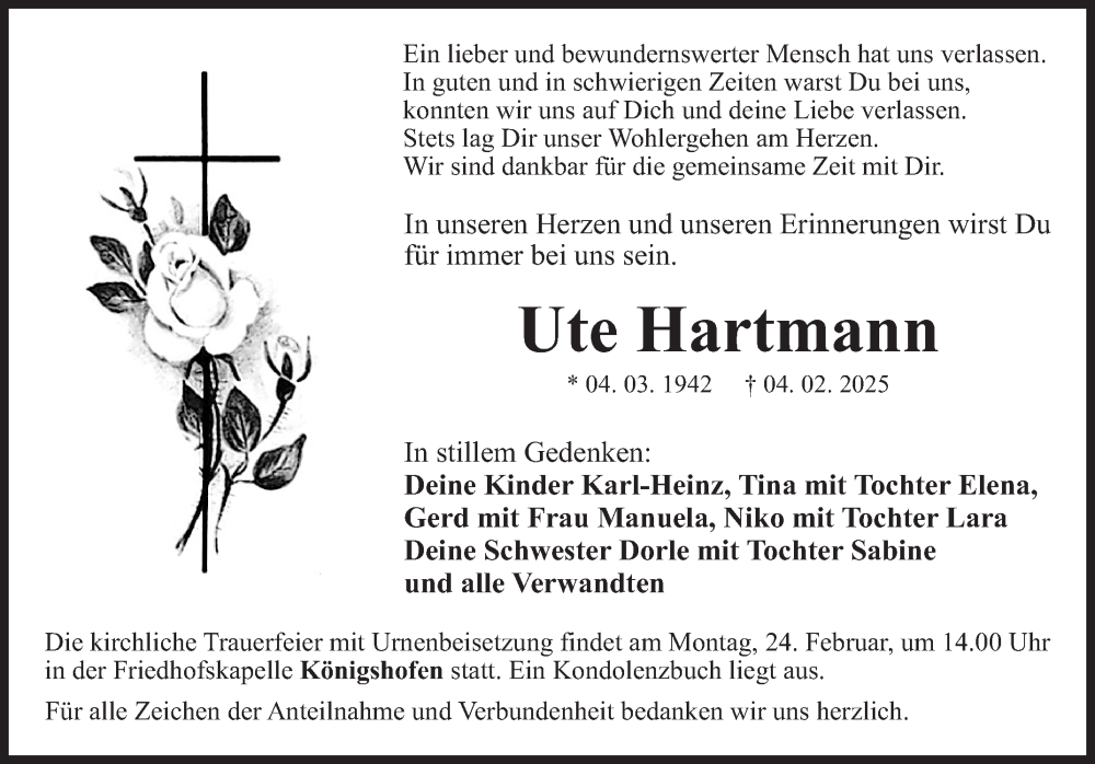  Traueranzeige für Ute Hartmann vom 20.02.2025 aus Fränkische Nachrichten