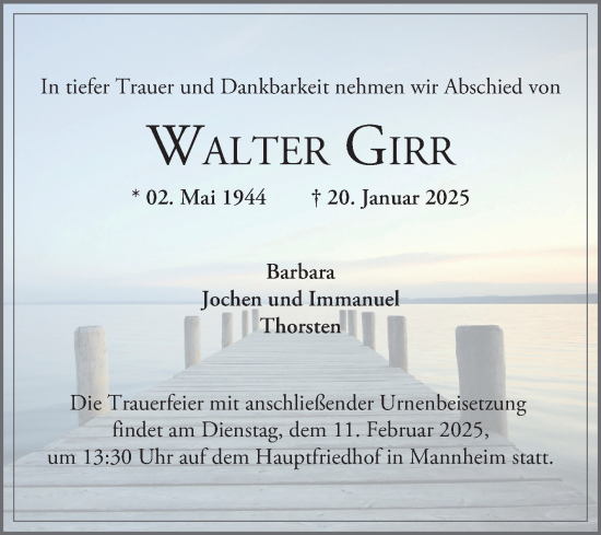 Traueranzeige von Walter Girr von Mannheimer Morgen