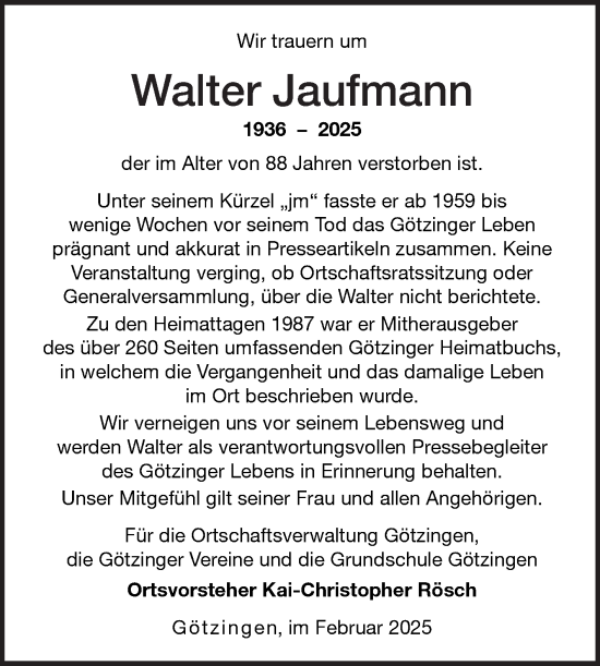 Traueranzeige von Walter Jaufmann von Fränkische Nachrichten