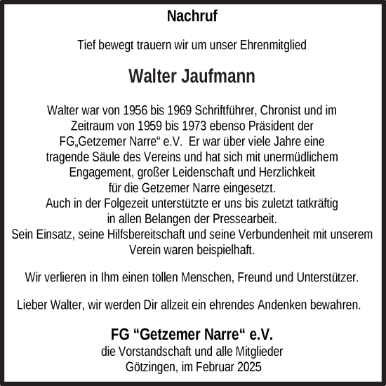 Traueranzeige von Walter Jaufmann von Fränkische Nachrichten