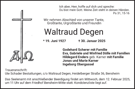 Traueranzeige von Waltraud Degen von Bergsträßer Anzeiger