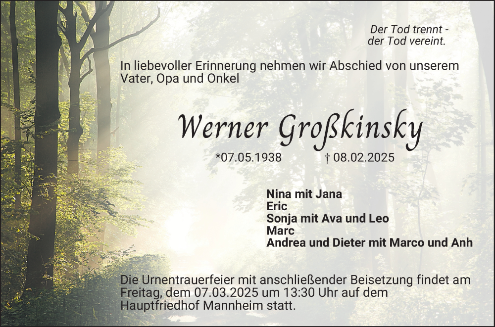  Traueranzeige für Werner Großkinsky vom 01.03.2025 aus Mannheimer Morgen