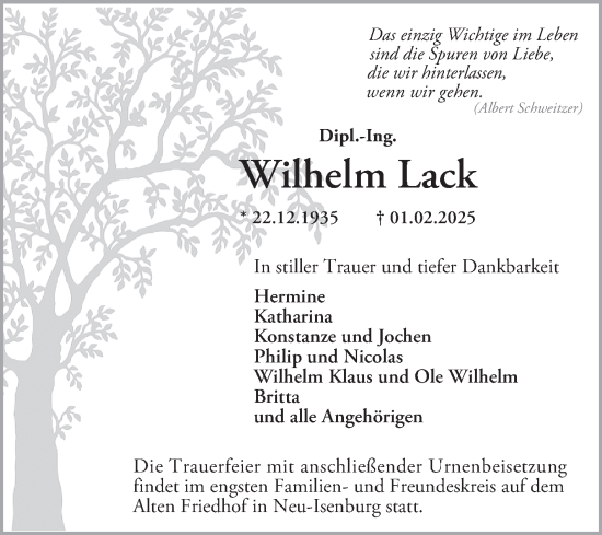 Traueranzeige von Wilhelm Lack von Schwetzinger Zeitung