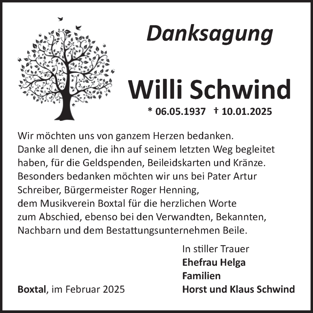  Traueranzeige für Willi Schwind vom 08.02.2025 aus Fränkische Nachrichten